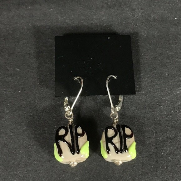 Halloween tombstone earrings RIP rest in peace Handmade glass lampwork - Picture 2 of 4